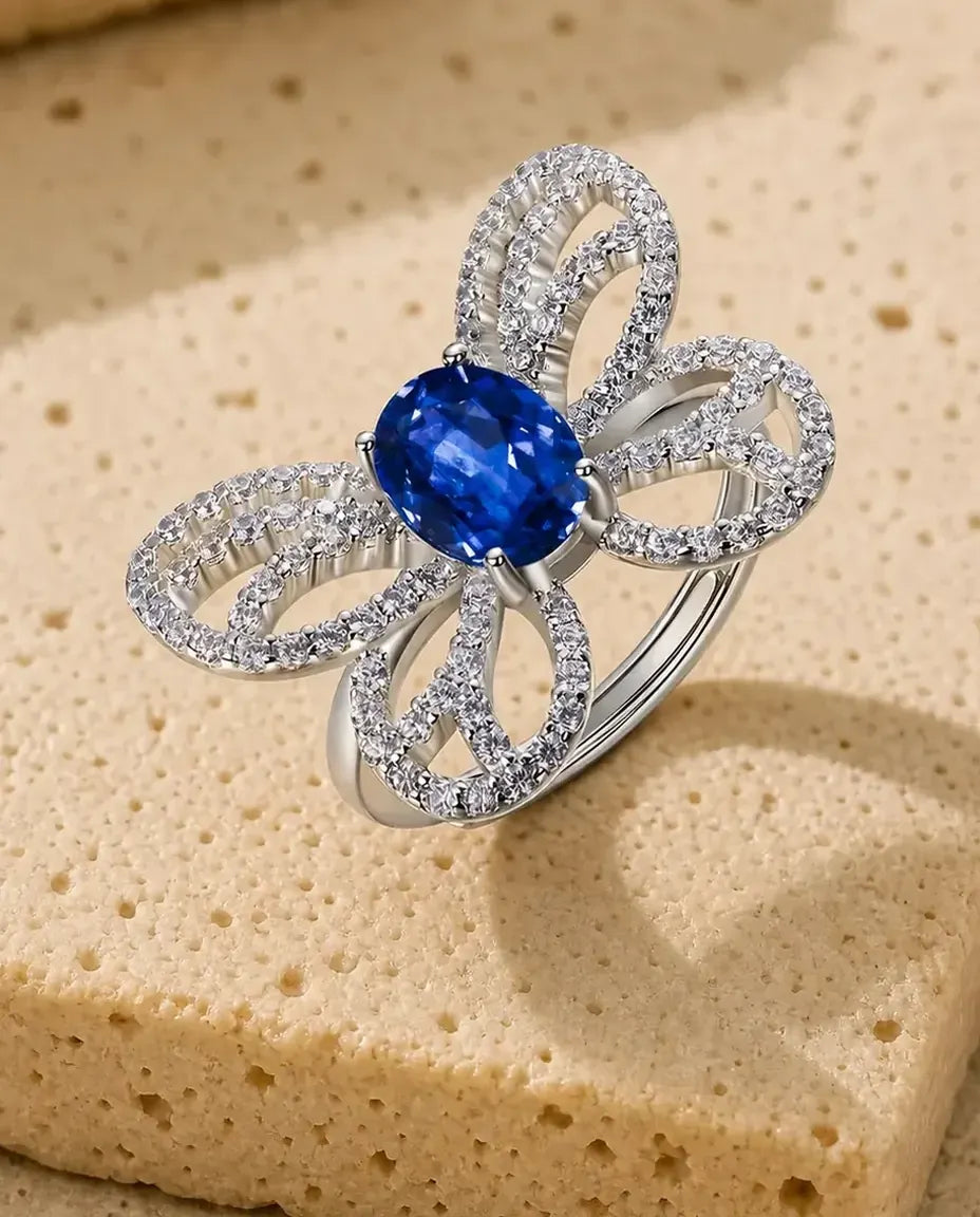 Anello Zaffiro Farfalla Pavé – Pietra Blu Creata in Laboratorio, Argento 925, Misura Regolabile