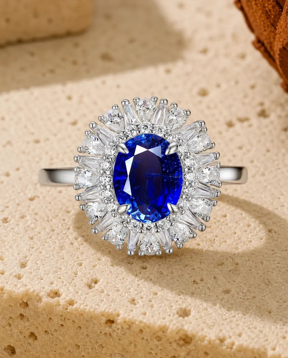 Anello Zaffiro – Zaffiro Blu Ovale Creato in Laboratorio con Halo Raggiante, Argento 925