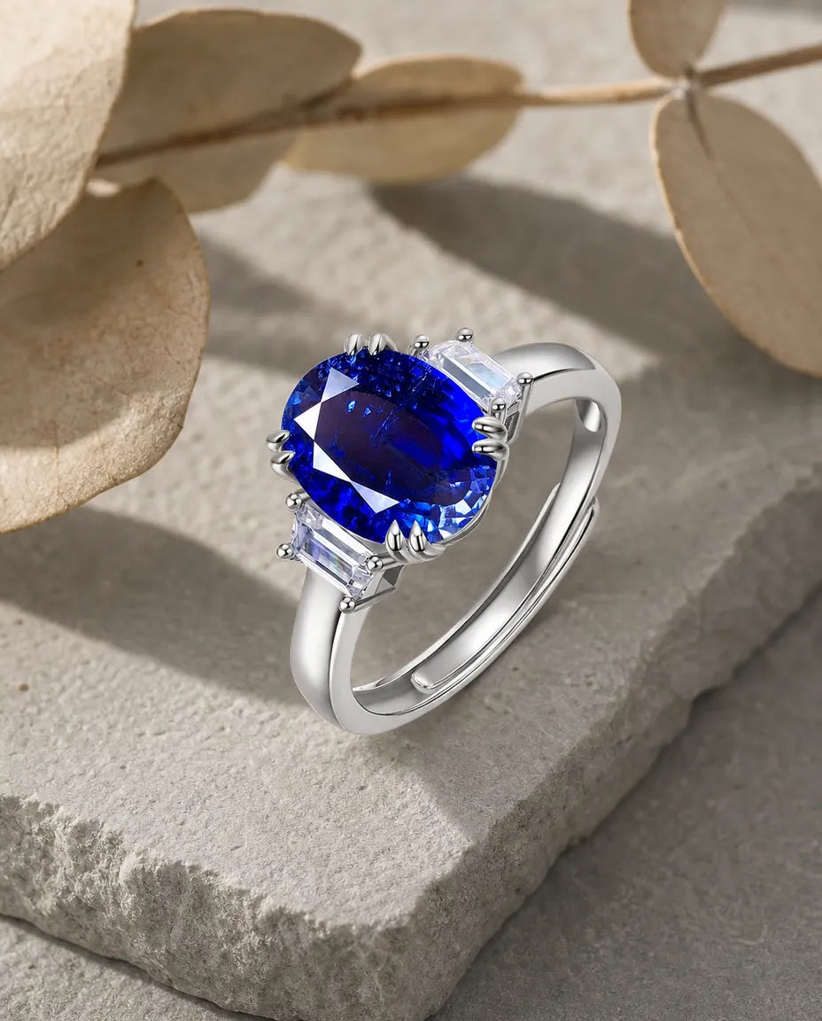 Anello Zaffiro Creato in Laboratorio – Grande Solitario Ovale Blu 8x10 mm in Argento 925