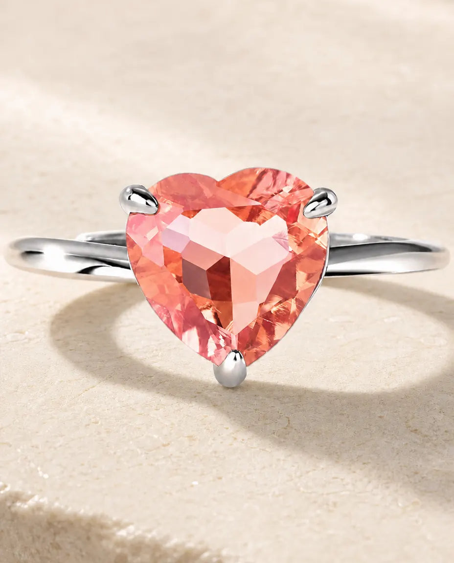 Anello Zaffiro Rosa Creato in Laboratorio – Solitario Cuore, Anello Aperto Regolabile, Argento 925