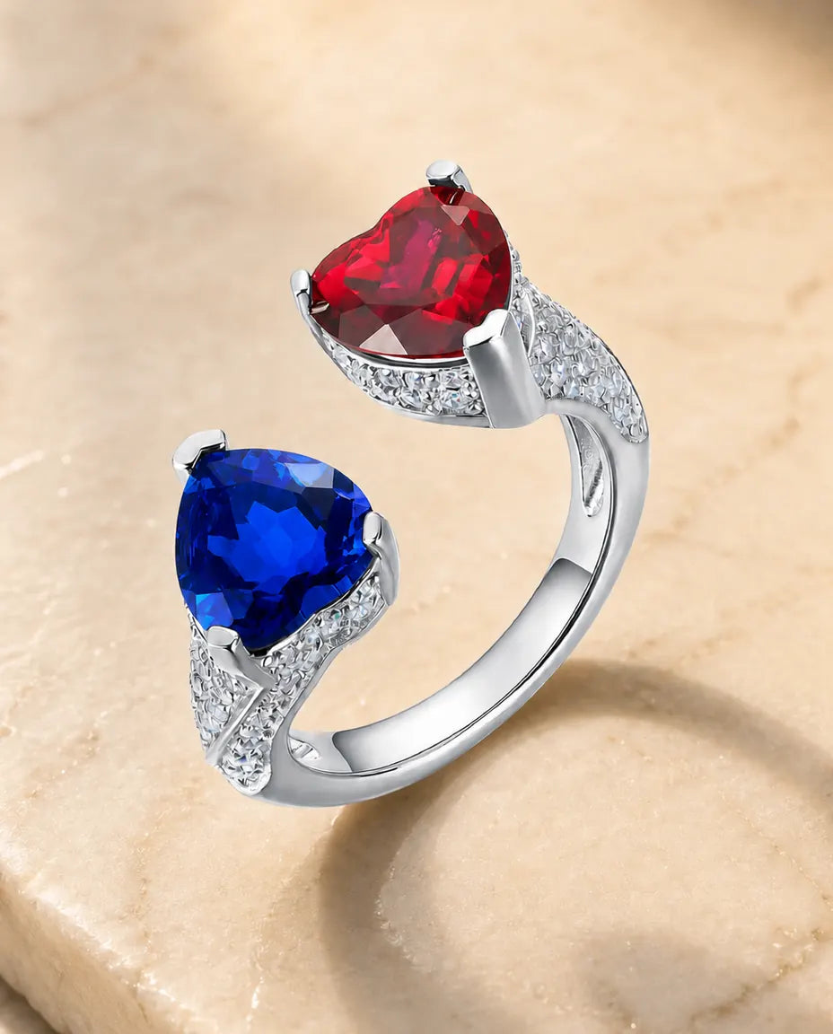 Anello Zaffiro e Rubino Toi et Moi – Due Cuori Creati in Laboratorio, Argento 925 Aperto e Regolabile