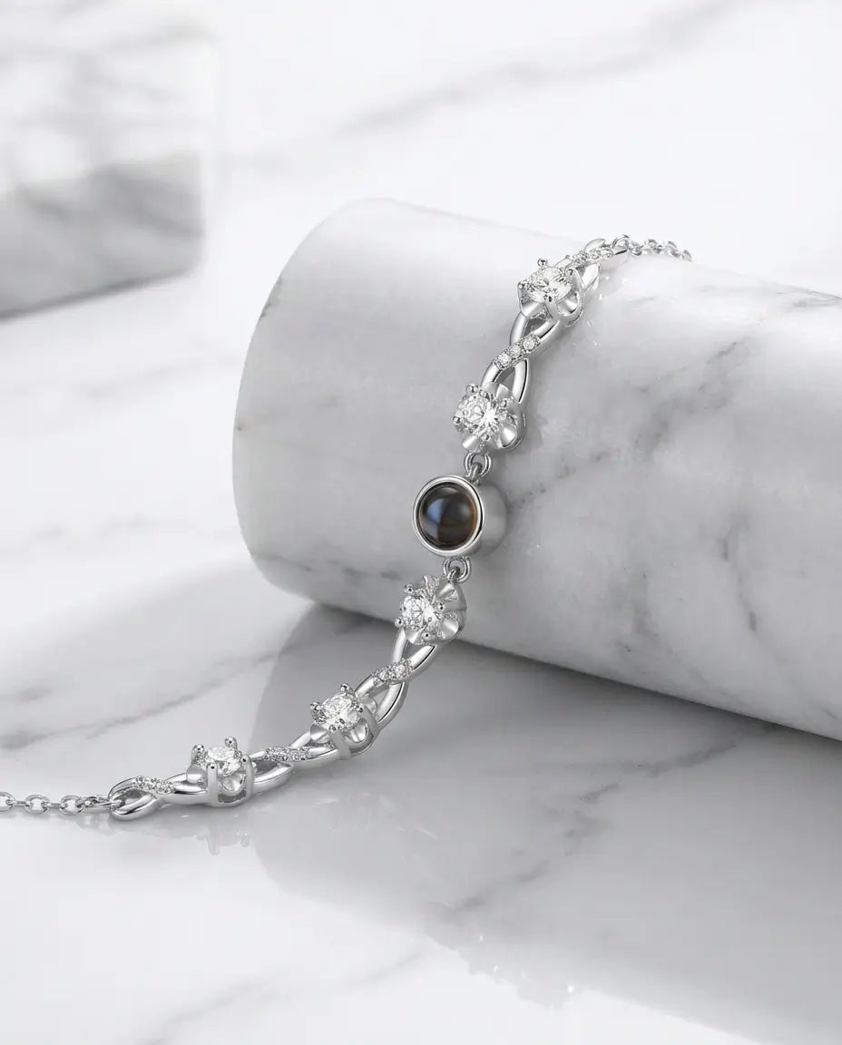 Bracciale con Foto Dentro – Charm Floreale Argentato con Pietra da 6 mm, Regalo per Lei