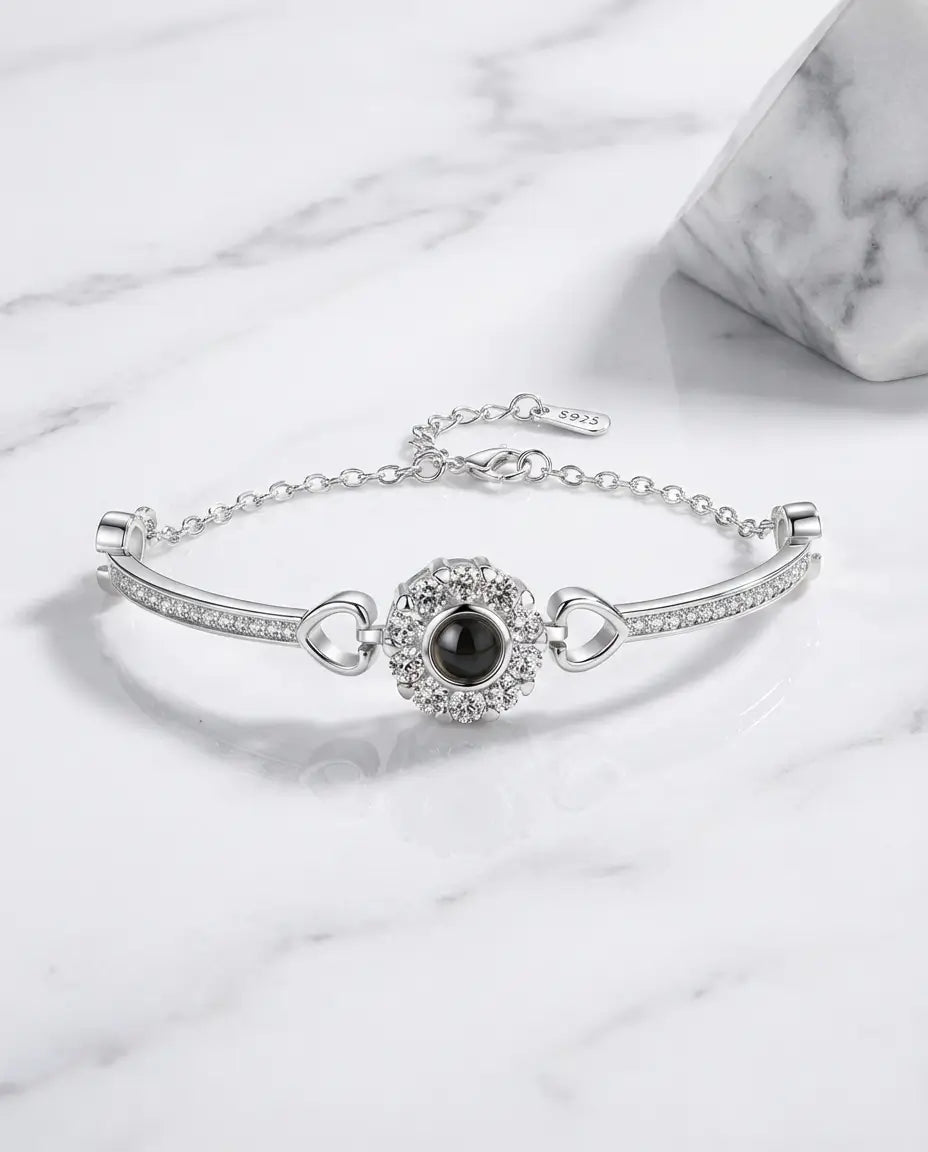 Bracciale con Foto Dentro – Charm Halo di Cristalli, Argento o Oro Rosa, Regalo per Lei