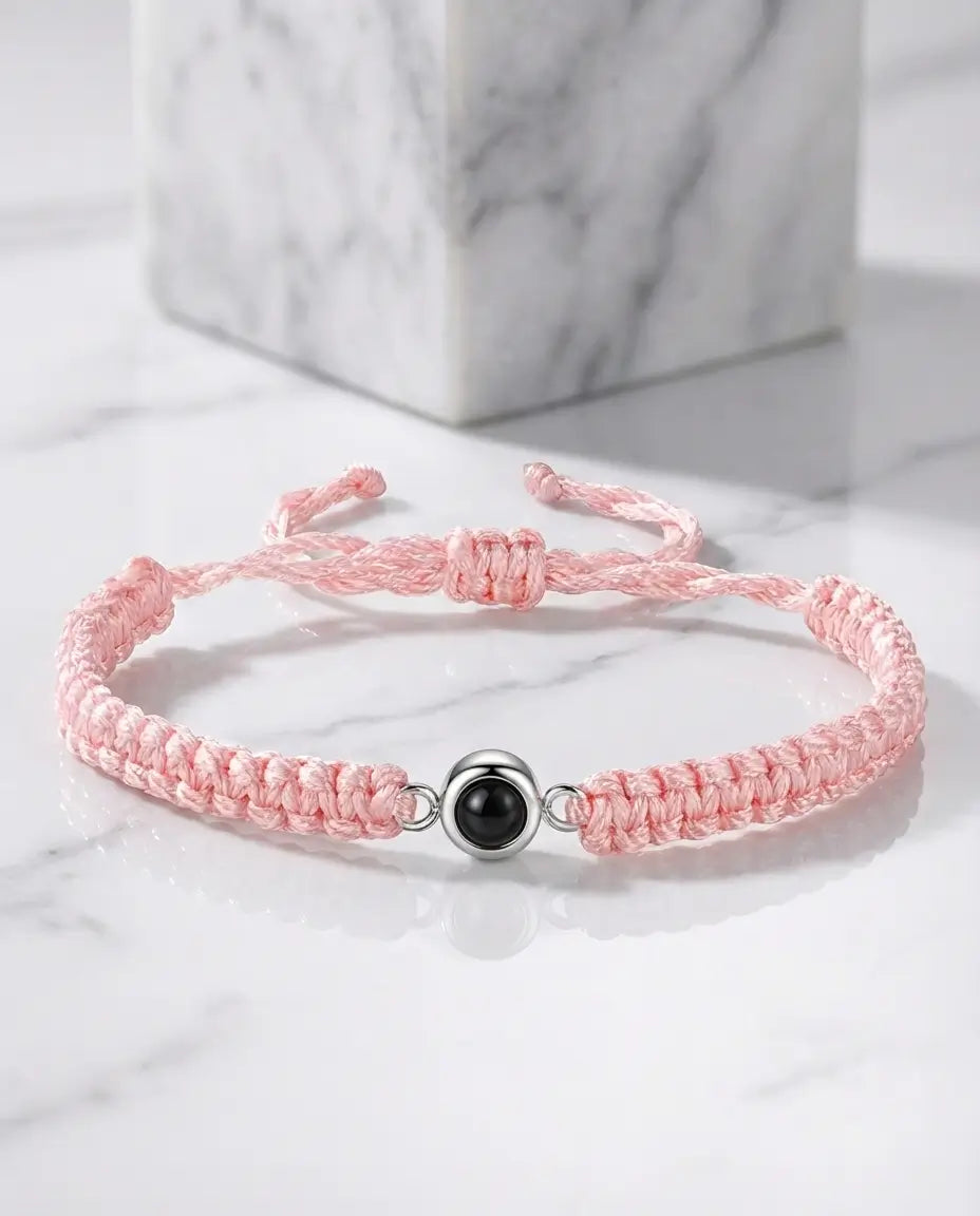 Bracciale con Foto Dentro la Perla Centrale – Cordino Intrecciato Regolabile, Regalo per Lei e per Lui