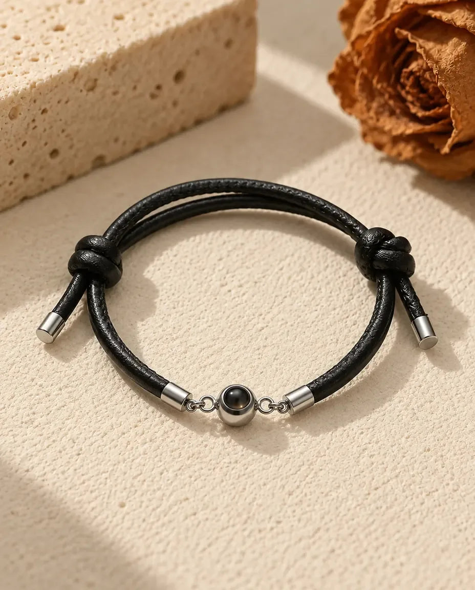Bracciale con Foto Dentro la Perla in Acciaio - disteso in piano