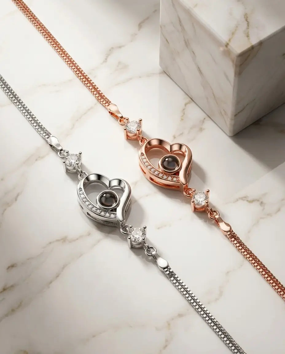 Bracciale con Foto Dentro – Charm Cuore su Doppia Catena, Argento o Oro Rosa, Regalo per Lei