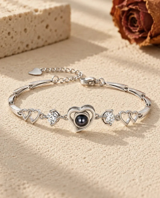 Bracciale con Foto Dentro Cuori Intrecciati - vista frontale in argento