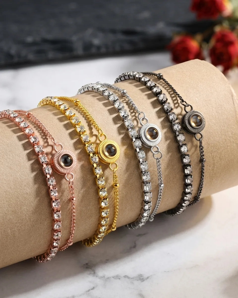 Bracciale con Foto Dentro – Doppio Filo Placcato Rodio con Zirconi, Regalo Personalizzato per Lei