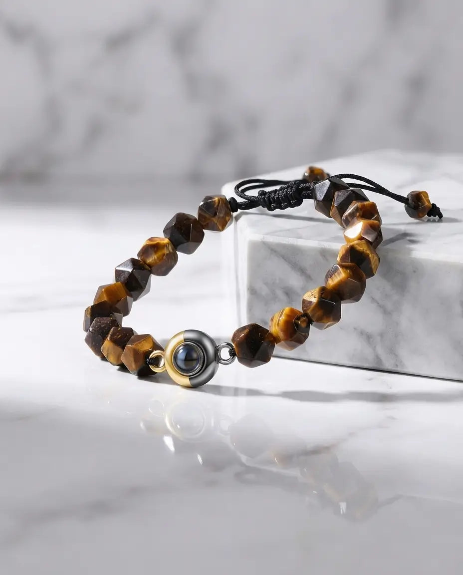 Bracciale con Foto Dentro – Perle in Occhio di Tigre 10 mm, Unisex, Regalo per Lui o per Lei