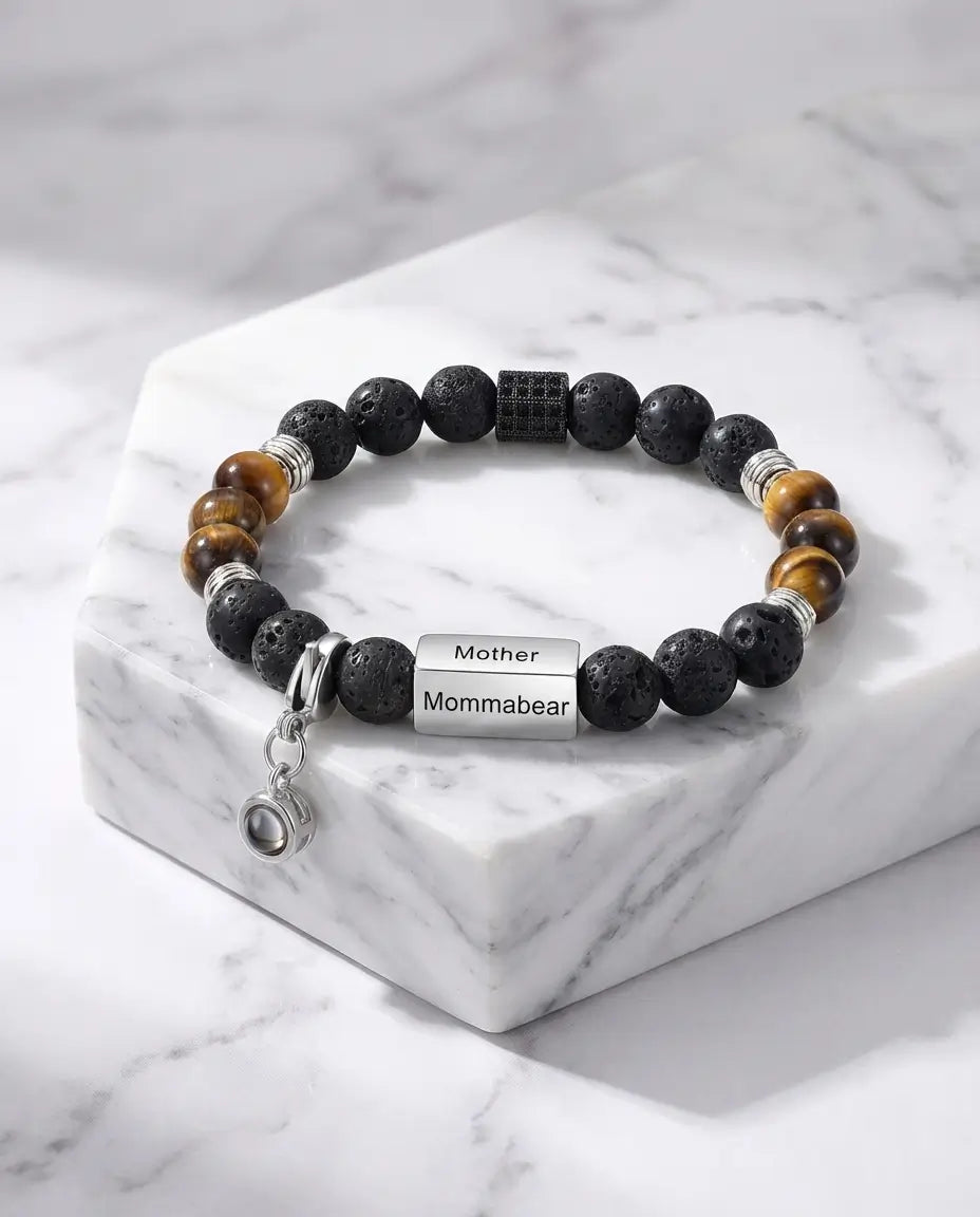 Bracciale con Foto Dentro – Occhio di Tigre e Pietra Lavica, Piastrina Incisa fino a 4 Nomi, Regalo per Lui
