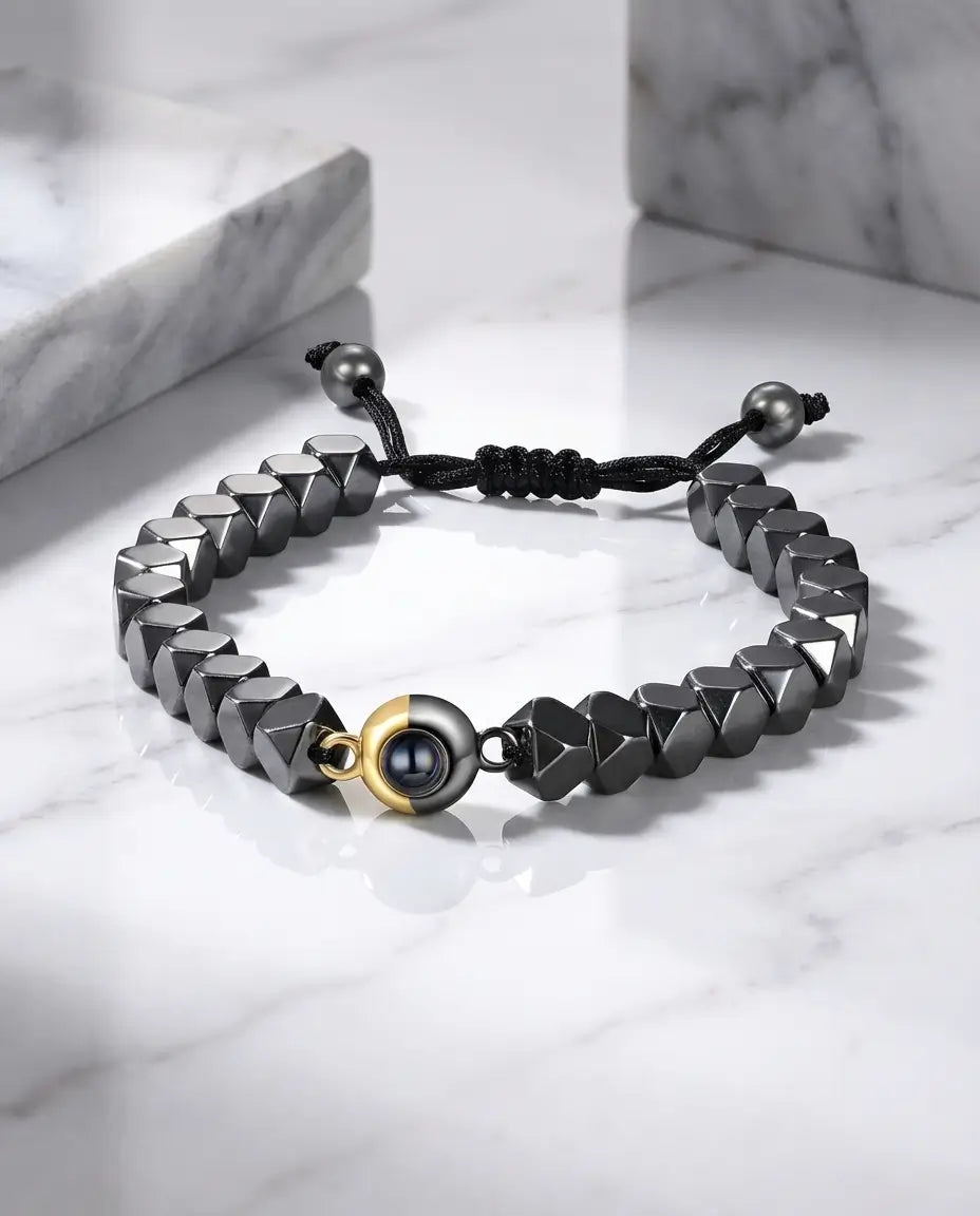 Bracciale con Foto Dentro – Perle in Ematite Vera, Unisex, Regalo per Lei e per Lui