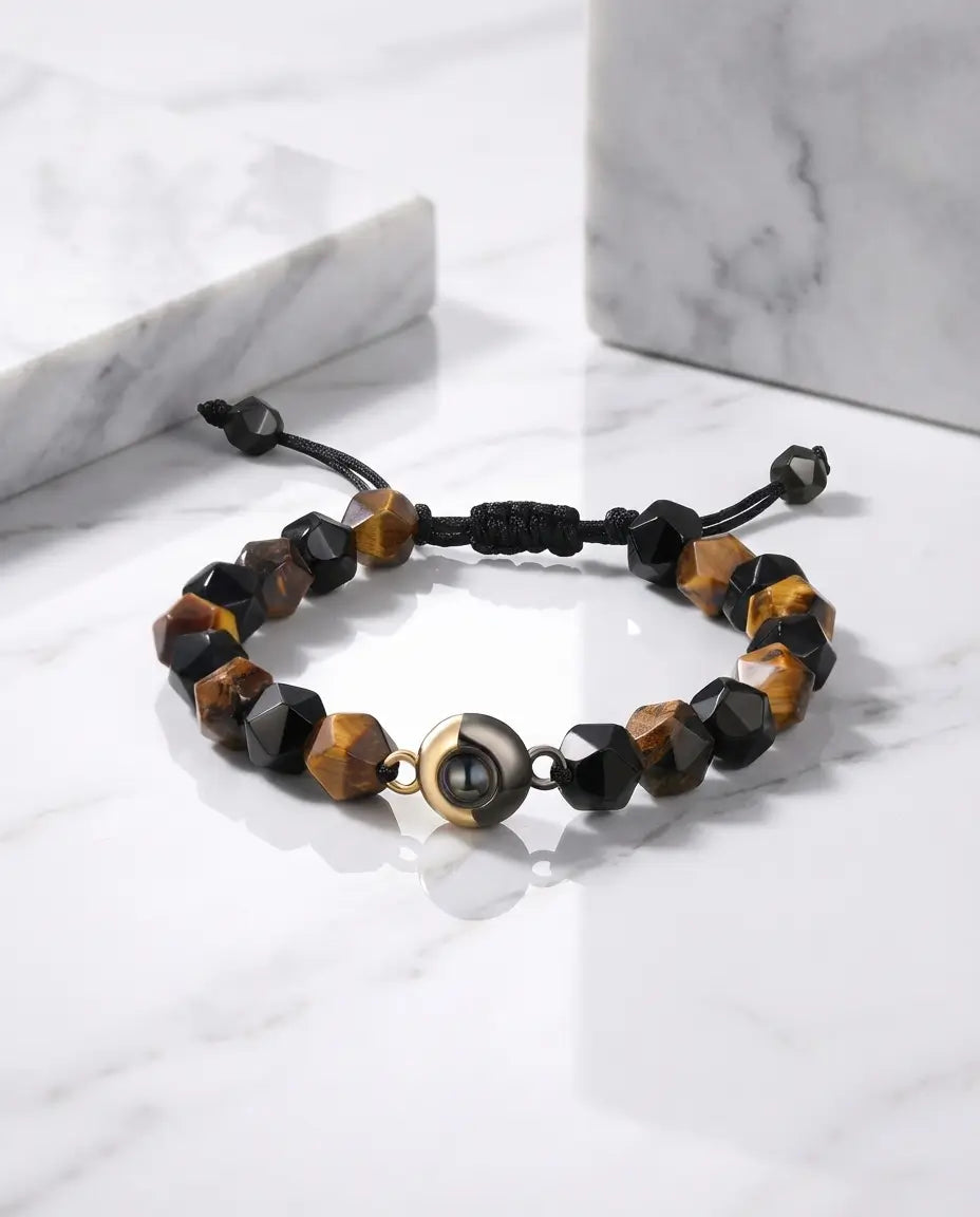 Bracciale con Foto Dentro – Perle di Occhio di Tigre Naturale, Foto Nascosta, Regalo Unisex per Lui o per Lei