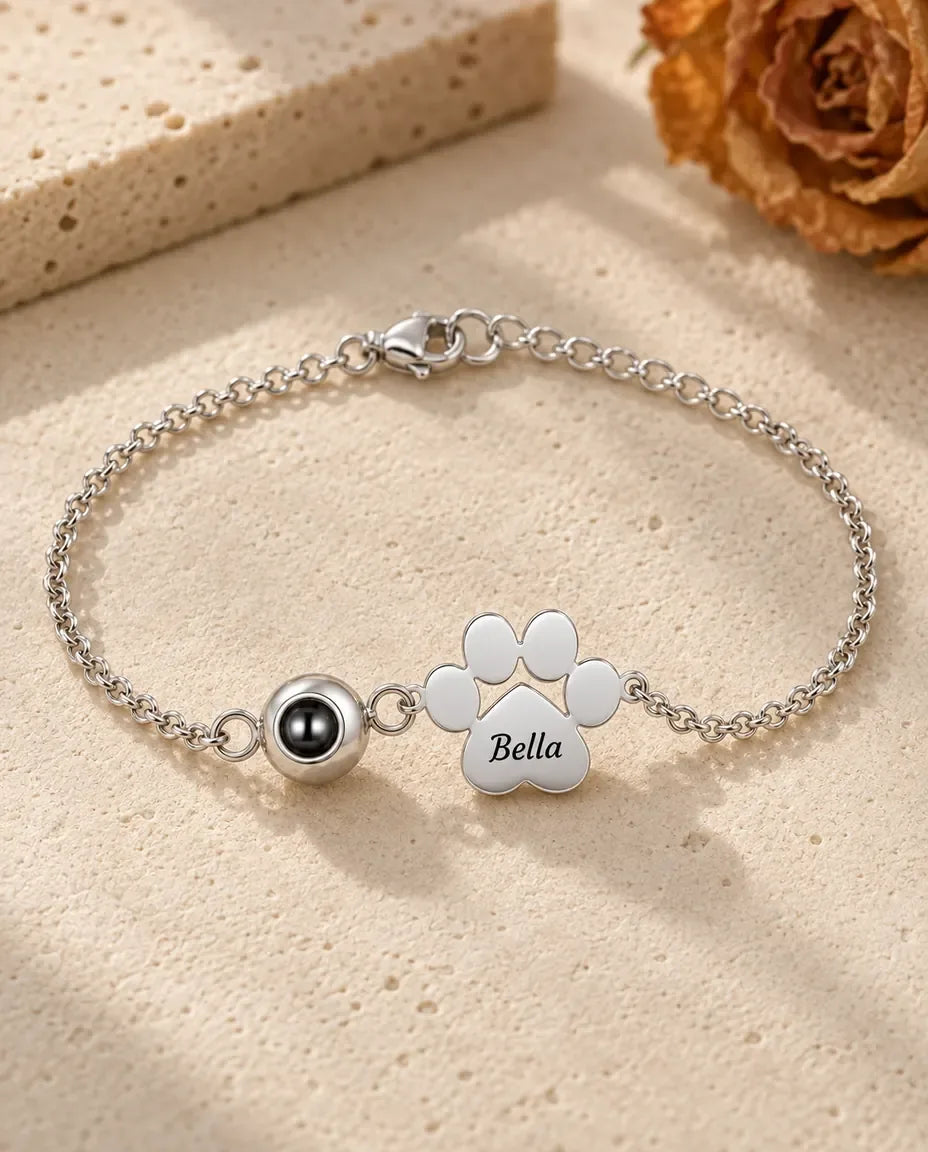 Bracciale con Foto Dentro e Zampa Incisa - vista frontale in argento