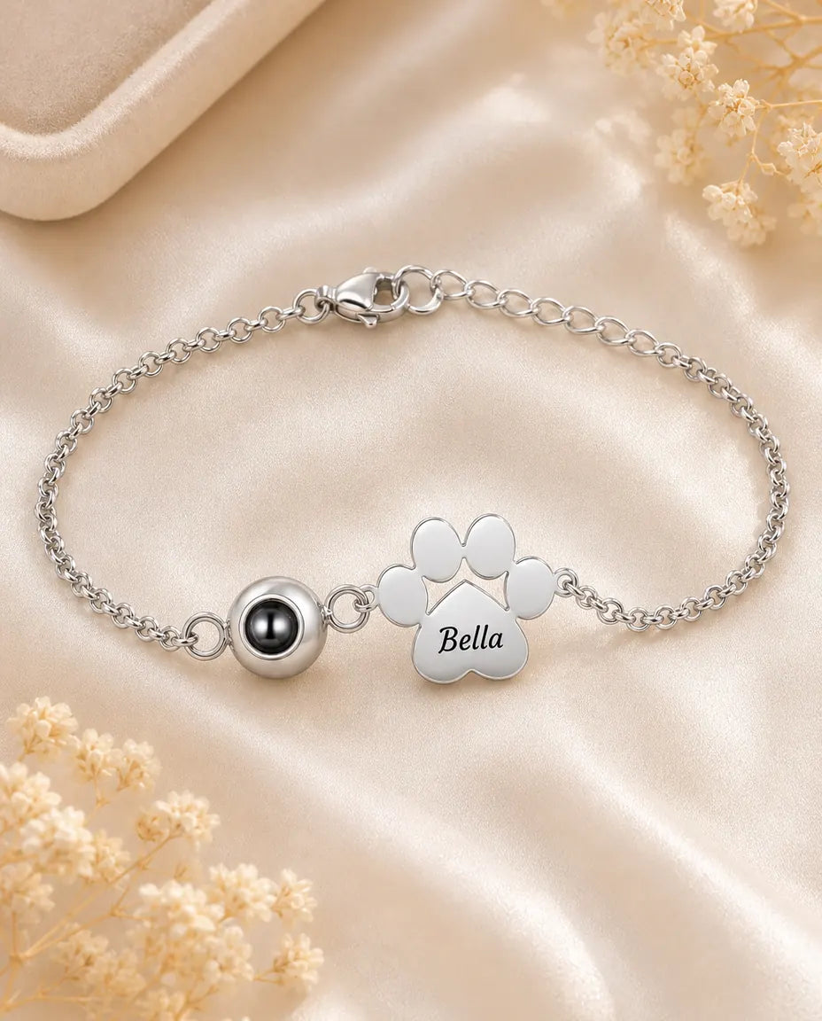 Bracciale con Foto Dentro e Zampa Incisa, Argento, Oro o Oro Rosa, Personalizzato per Amanti dei Cani