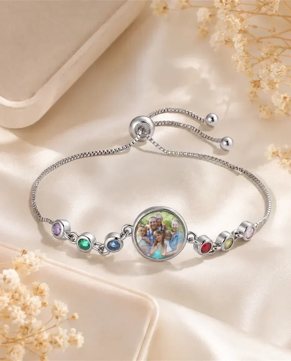 Bracciale con Foto e 1-6 Pietre di Nascita – Regolabile, Perla Foto in Vetro, Regalo per Mamma e Nonna
