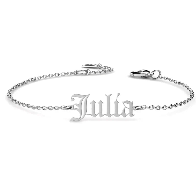 Bracciale con nome in stile gotico Old English, argento 925, finitura argento, oro o oro rosa