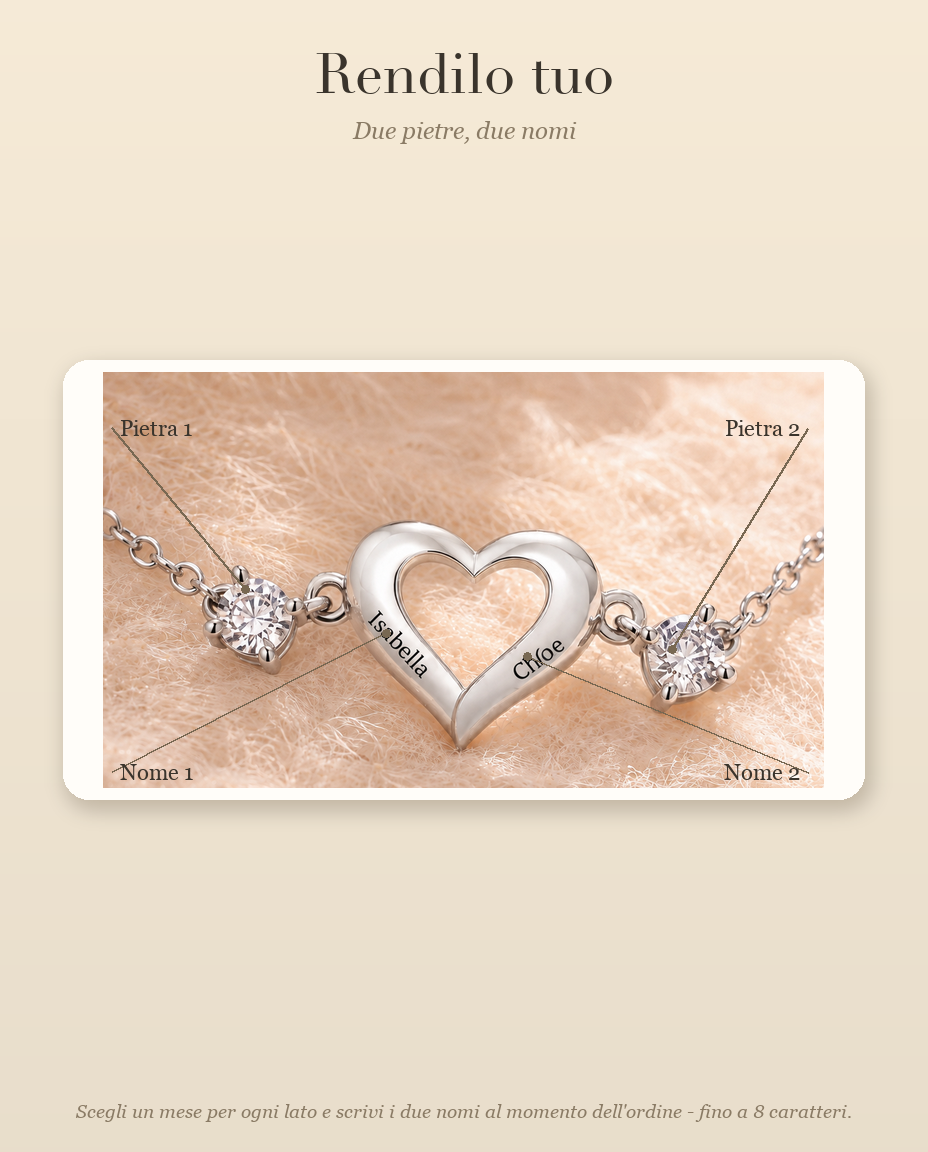 Guida alla personalizzazione del bracciale con due pietre e due nomi