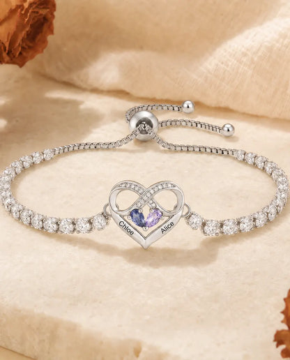 Bracciale Personalizzato con 2 Pietre e 2 Nomi - bracciale tennis con cuore infinito, regolabile, argentato