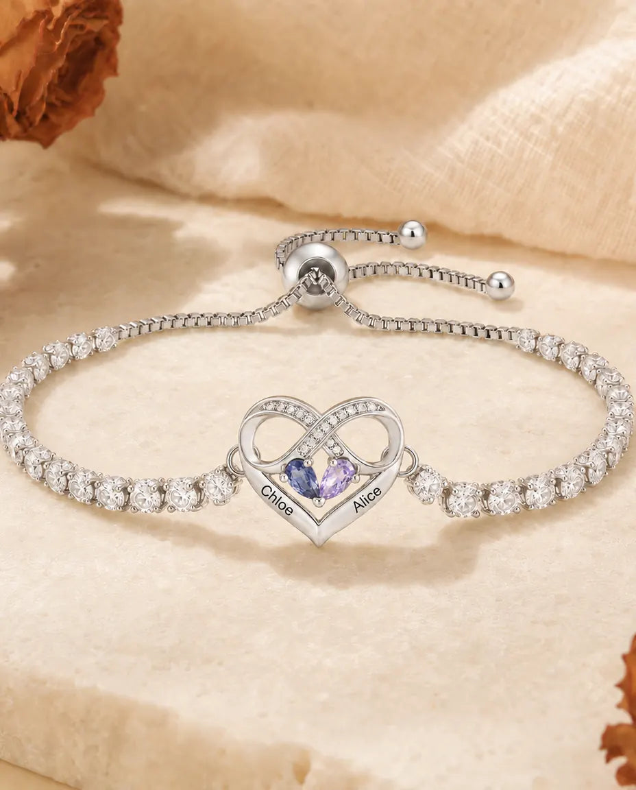 Bracciale Personalizzato con 2 Pietre e 2 Nomi - bracciale tennis con cuore infinito, regolabile, argentato