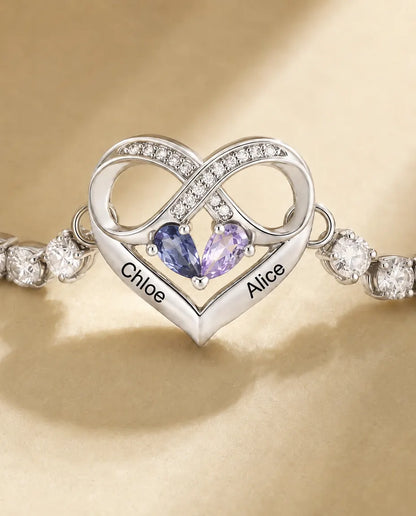 Bracciale Personalizzato con 2 Pietre e 2 Nomi - bracciale tennis con cuore infinito, regolabile, argentato