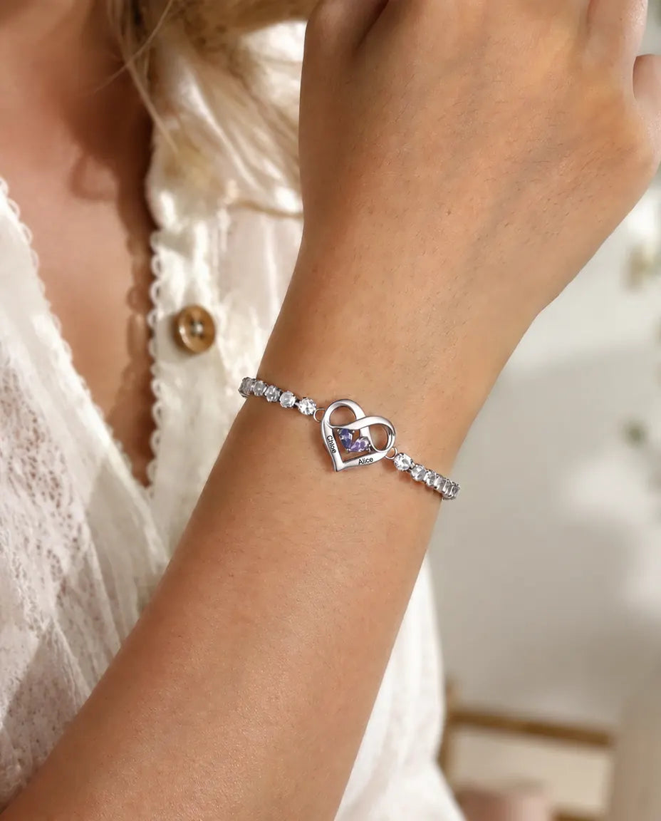 Bracciale Personalizzato con 2 Pietre e 2 Nomi - bracciale tennis con cuore infinito, regolabile, argentato
