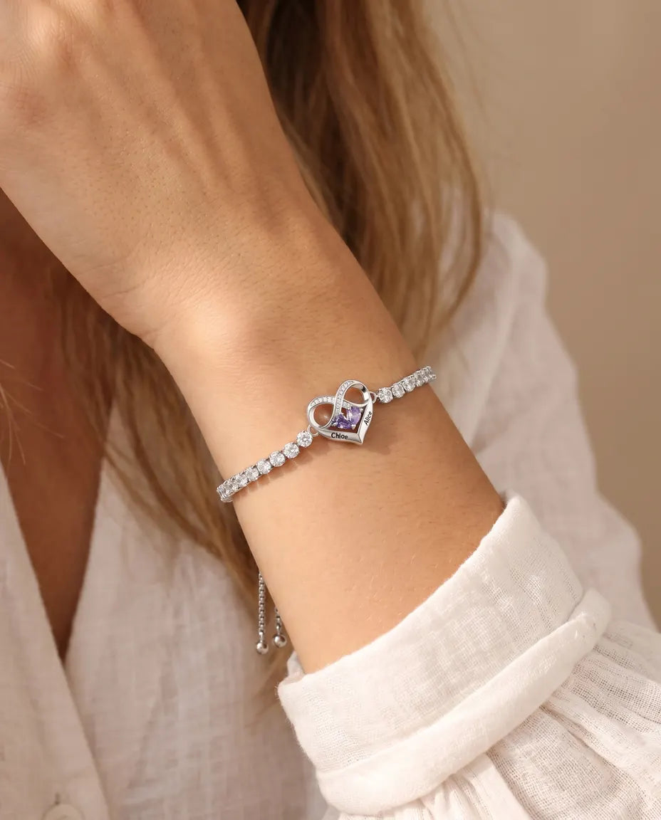 Bracciale Personalizzato con 2 Pietre e 2 Nomi - bracciale tennis con cuore infinito, regolabile, argentato