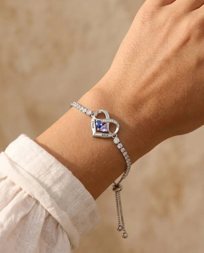 Bracciale Personalizzato con 2 Pietre e 2 Nomi - bracciale tennis con cuore infinito, regolabile, argentato