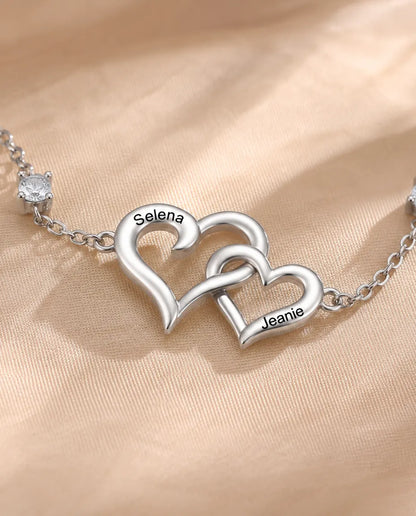Bracciale Doppio Cuore Personalizzato 2 Nomi - cuori intrecciati e due pietre portafortuna, regolabile