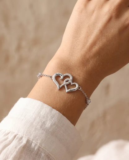 Bracciale Doppio Cuore Personalizzato 2 Nomi - cuori intrecciati e due pietre portafortuna, regolabile