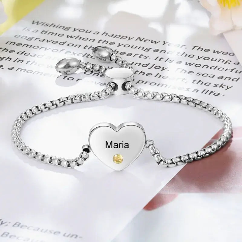 Bracciale Personalizzato Donna – Cuore in Acciaio Inox con Pietra di Nascita e Nome Inciso