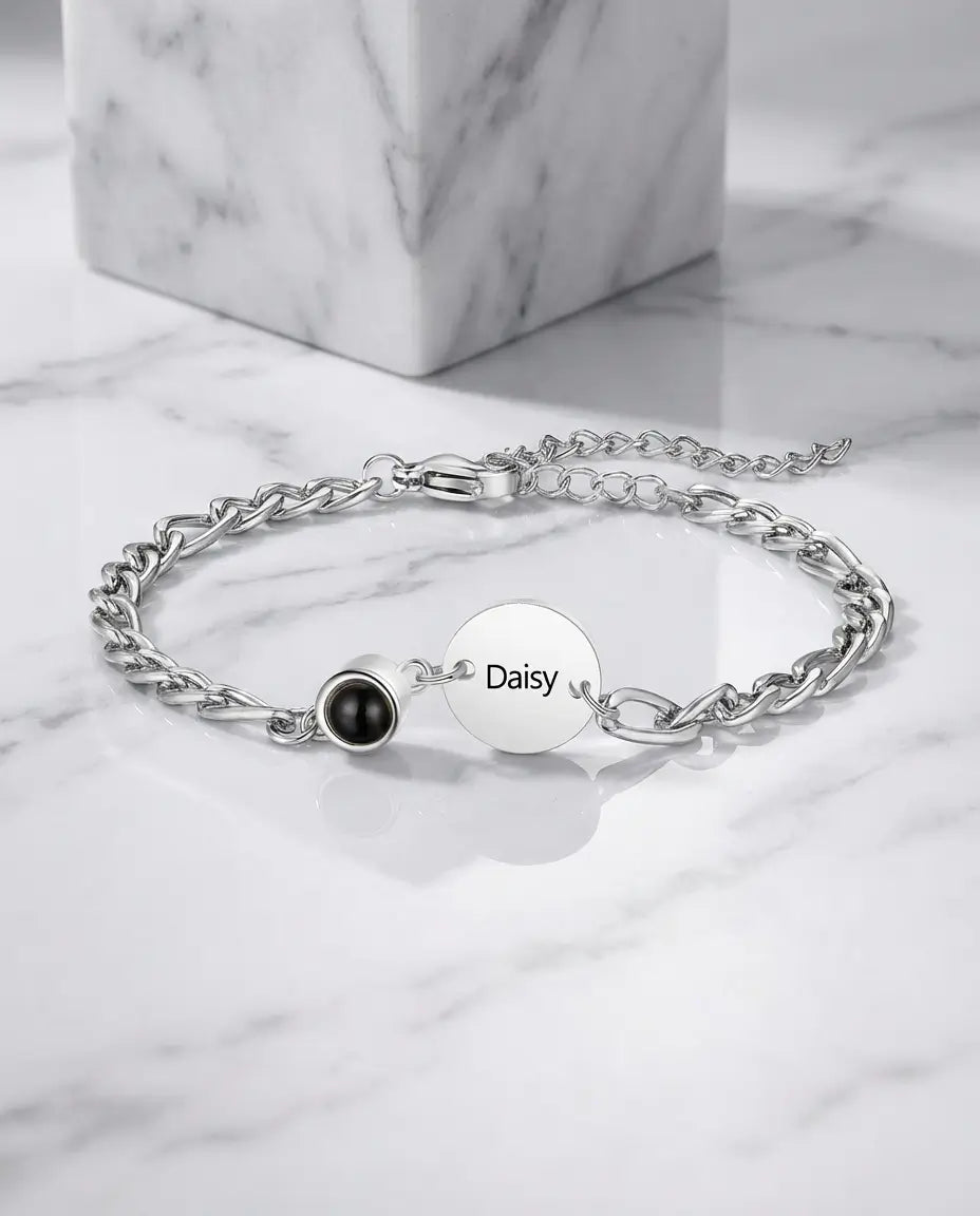 Bracciale Inciso con Foto Dentro – Targhetta con Nome e Pietra a Proiezione, Acciaio Inossidabile
