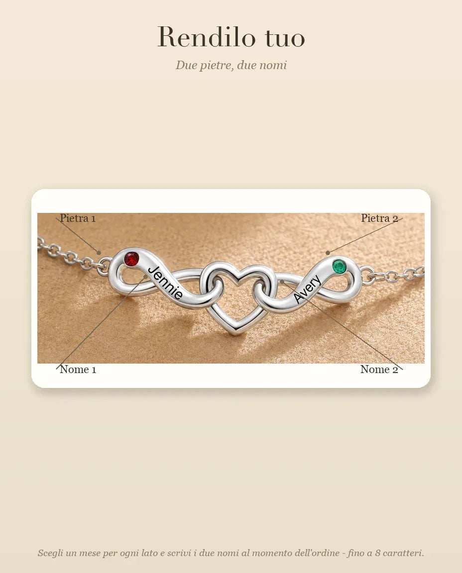 Bracciale Infinito Personalizzato 2 Nomi - due nodi infiniti attorno a un cuore e due pietre portafortuna - guida alla personalizzazione: nomi e pietre di nascita