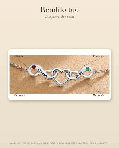 Bracciale Infinito Personalizzato 2 Nomi - due nodi infiniti attorno a un cuore e due pietre portafortuna - guida alla personalizzazione: nomi e pietre di nascita