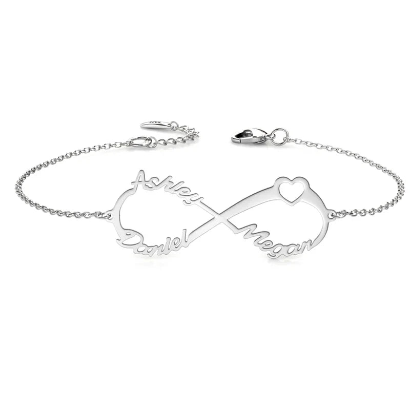 Bracciale Personalizzato Infinito con 3 Nomi Incisi, Argento 925 o Rame, Tre Finiture a Scelta