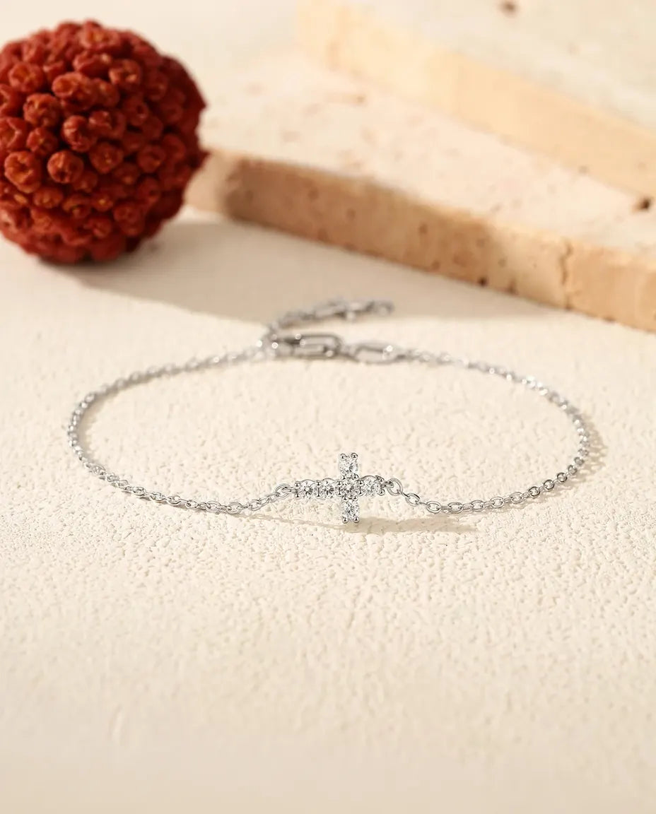 Bracciale Moissanite con Croce – argento 925, croce di pietre colore D VVS1 su catena a maglie sottile
