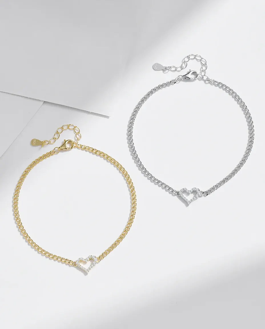 Bracciale Moissanite con Cuore Aperto su Maglia Groumette – argento 925, finitura argento o placcata oro