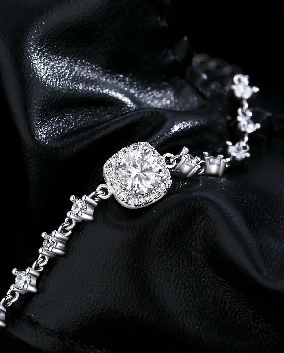 Bracciale Moissanite Halo – cuscino da 0,8 ct colore D in argento 925, catena regolabile