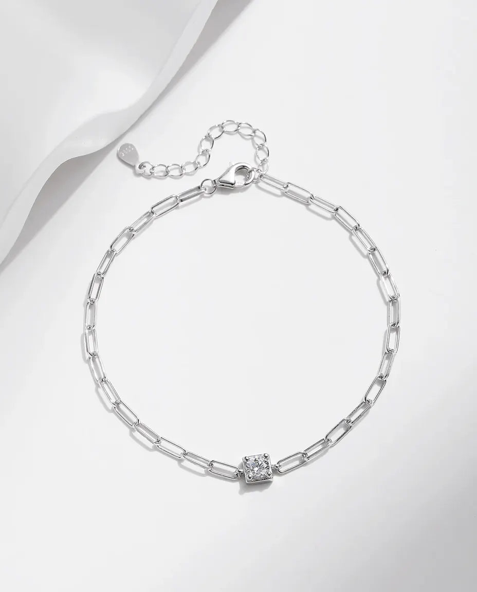 Bracciale Moissanite a Maglia Graffetta – argento 925, moissanite da 0,3 ct colore D a castone quadrato