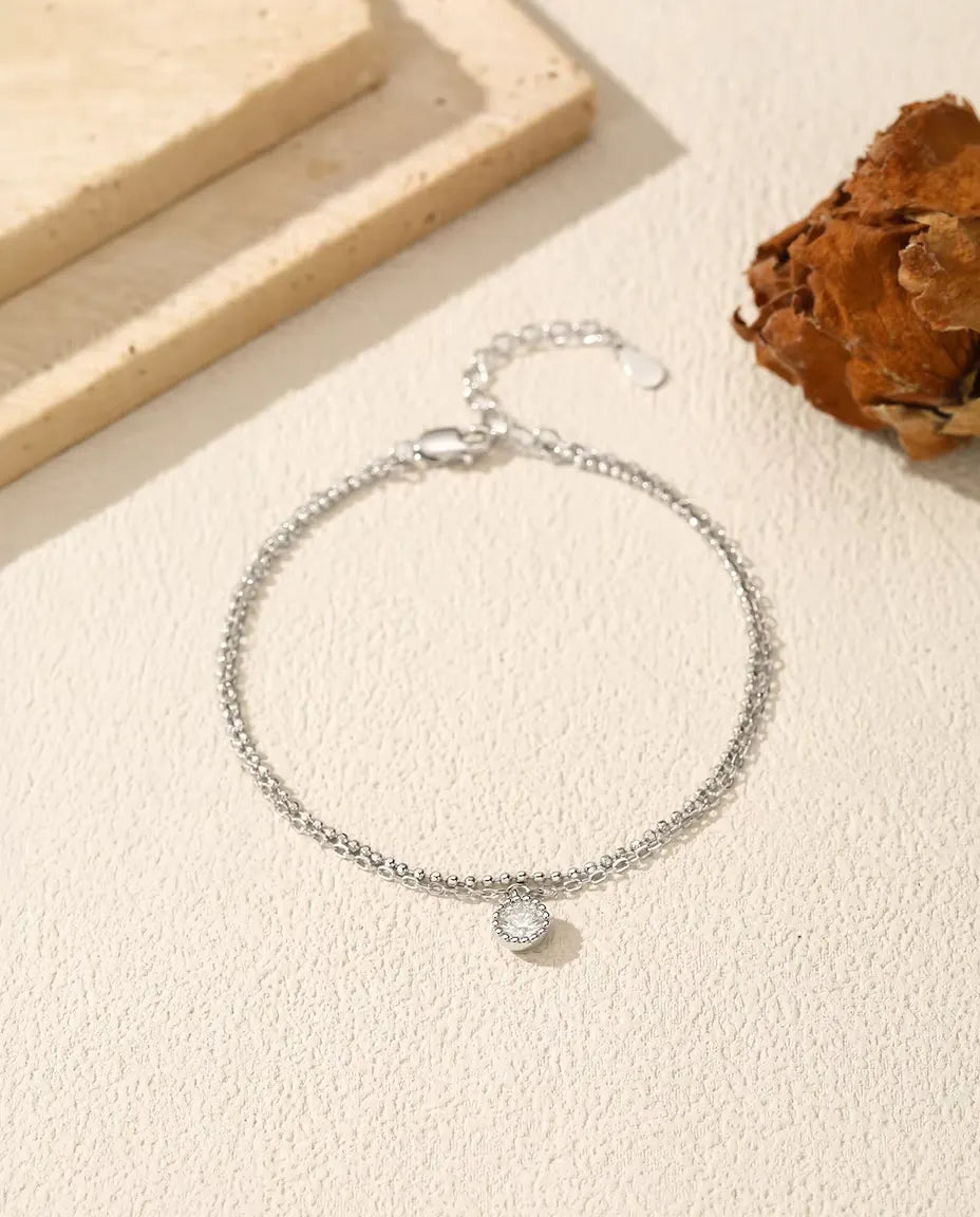Bracciale moissanite con pendente - pietra da 0,50 ct a castone su doppia catena in argento 925, 16+3 cm