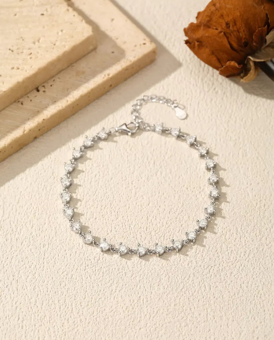 Bracciale moissanite - 24 pietre tonde colore D incastonate una a una, argento 925, 16 cm con prolunga