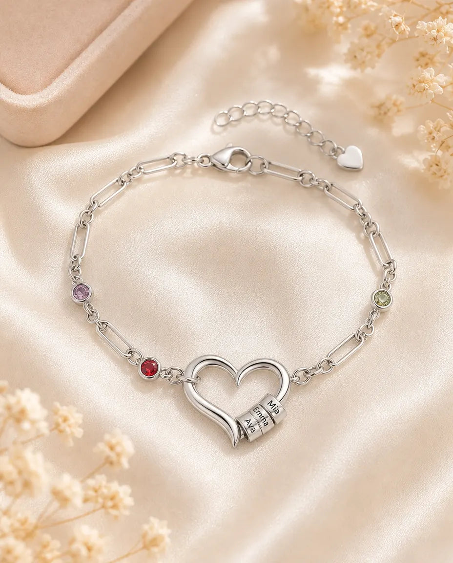 Bracciale Personalizzato Donna con Perline Incise, Nomi e Pietre di Nascita, Placcato Oro Bianco