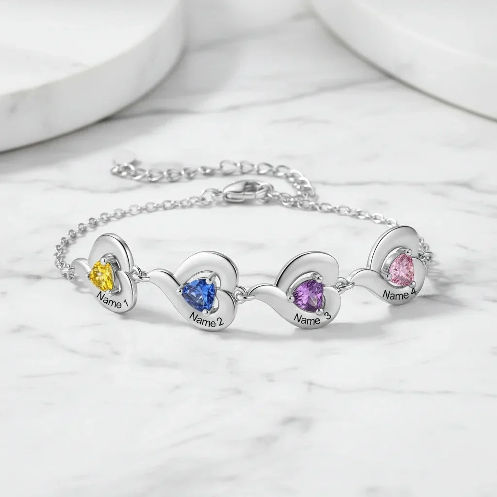 Bracciale Personalizzato Donna con Cuori Uniti, Fino a 5 Nomi Incisi e Pietre di Nascita