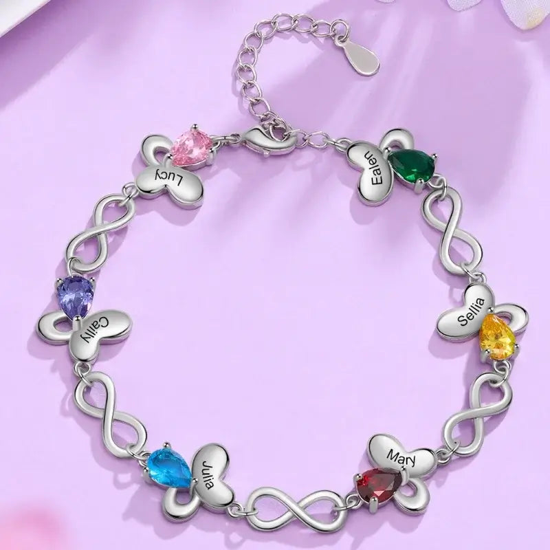 Bracciale Personalizzato Donna con Farfalla e Infinito, Nomi Incisi e Fino a 6 Pietre di Nascita