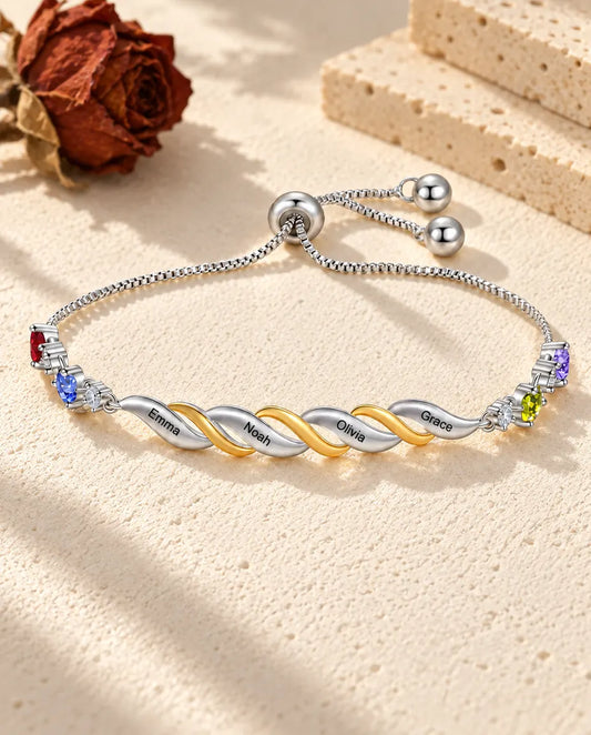 Bracciale Personalizzato per la Mamma con 2-4 Pietre di Nascita a Cuore e Nomi Incisi - vista frontale