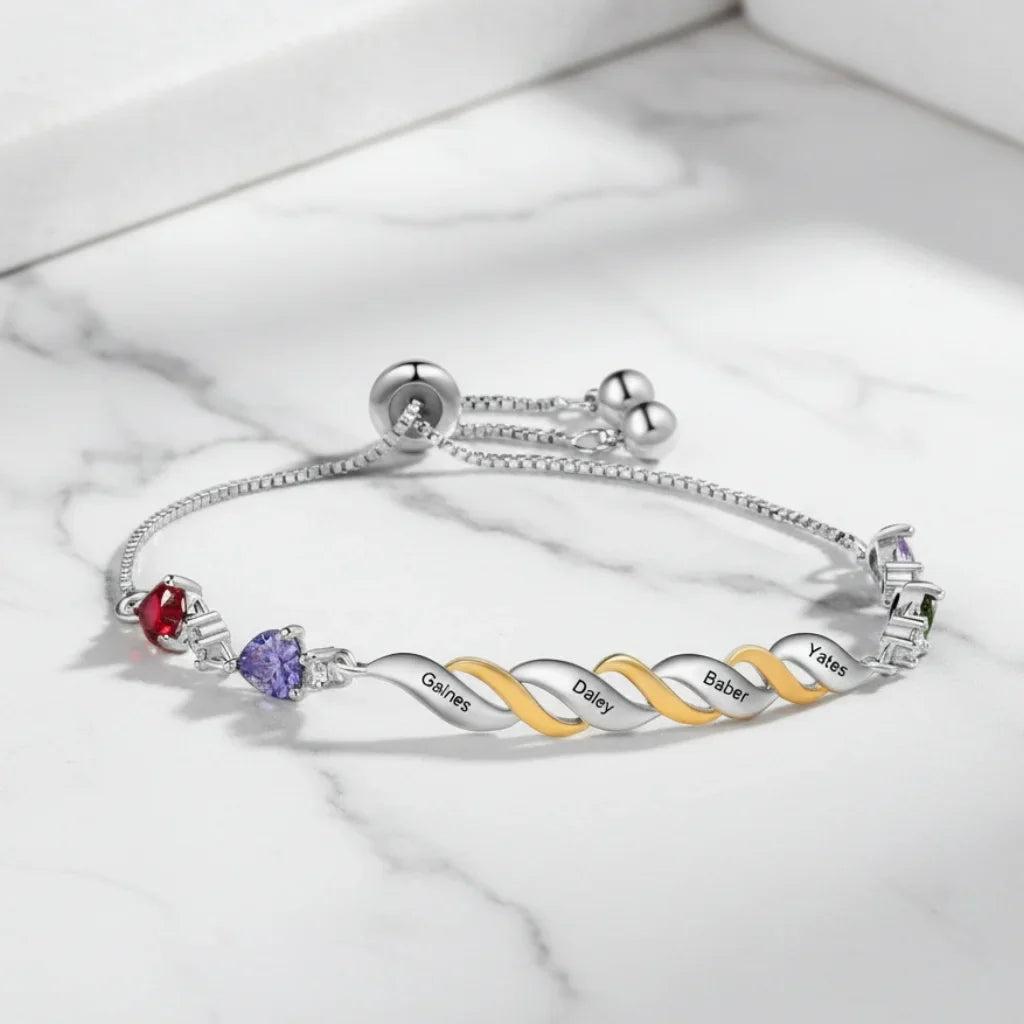 Bracciale Personalizzato per la Mamma con 2-4 Pietre di Nascita a Cuore e Nomi Incisi