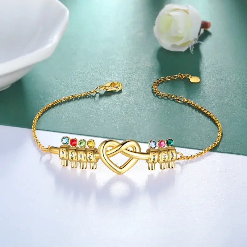 Bracciale personalizzato donna con nodo a cuore, nomi incisi e pietre di nascita, acciaio inossidabile