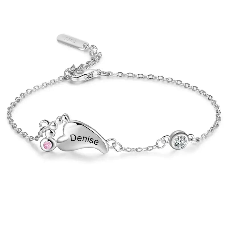 Bracciale personalizzato in argento 925 con piedini, nomi dei figli e pietre di nascita, regalo per la mamma