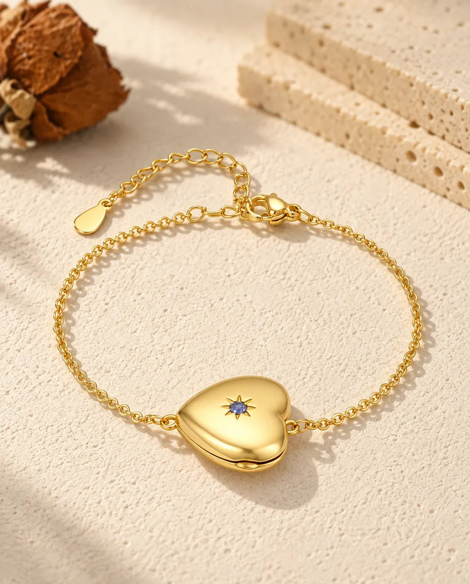 Bracciale portafoto a cuore color oro personalizzato, pietra di nascita incastonata in una stella