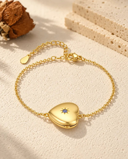 Bracciale portafoto a cuore color oro personalizzato, pietra di nascita incastonata in una stella