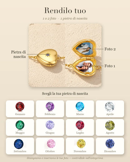 Guida alla personalizzazione del bracciale portafoto a cuore: Pietra di nascita, Foto 1 e Foto 2